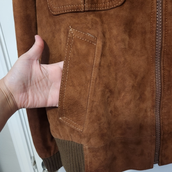 Vintage Aviator Bomber Jacket Zip Up Brown 100% Soft Lamb Suede Leather Medium - Picture 5 of 10